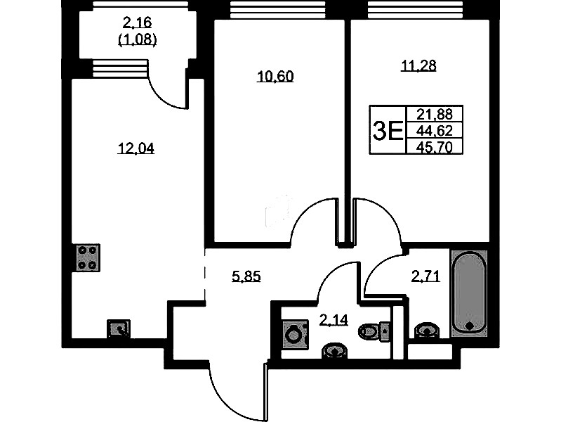 2-комнатная квартира 45.7 м², 1/9 эт., ЖК «GloraX Новоселье»